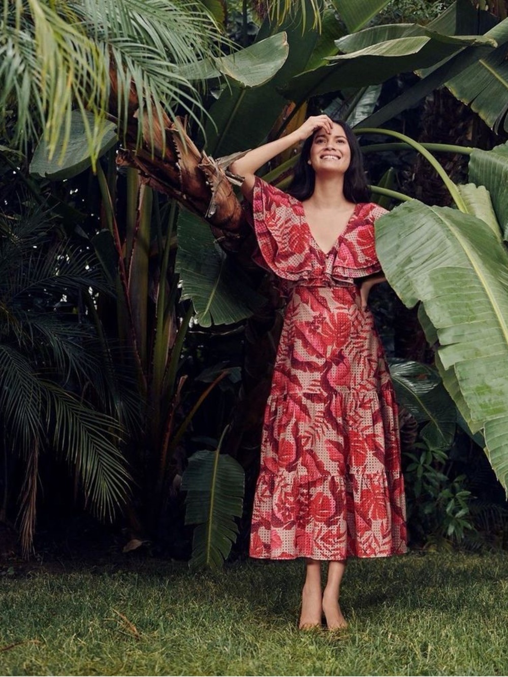 NWT Johanna Ortiz x H&M Pink Eyelet Maxi Dress Palm Print Size XXS